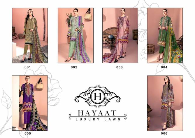 Hayat Luxury Lawn Karachi Latest Fancy Festive Wear lawn cotton Top And Bottom With Mal Mal Printed Dupatta Dress Materials Collection